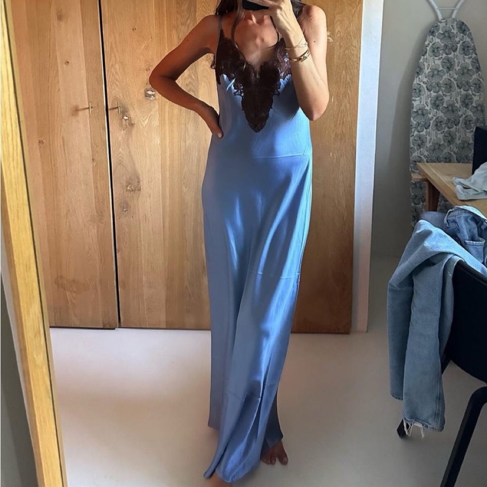 SIR the label Blue Satin Slip Dress with Brown Lace Trim - Picture 4 of 12